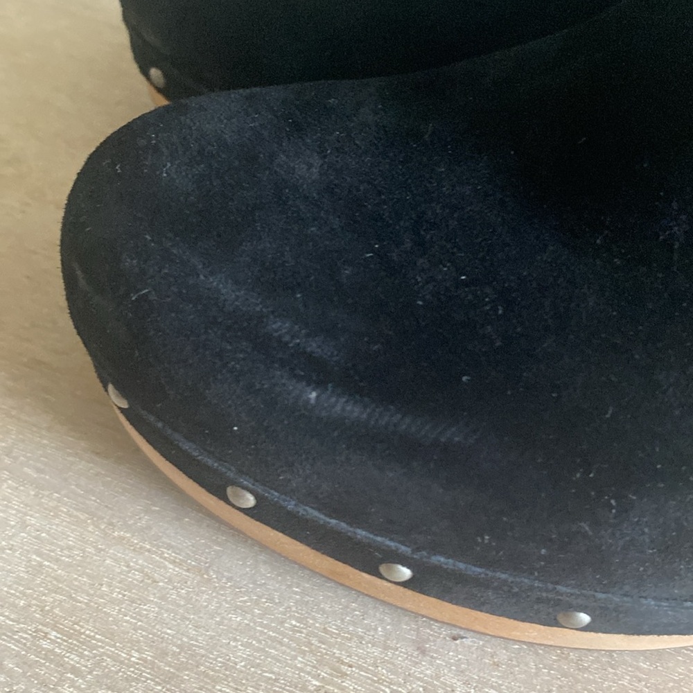 UGG Black Suede Mules with Tan Wooden Heel - Picture 6 of 13